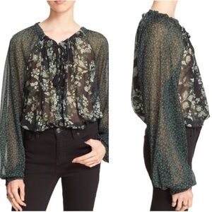 Free People Hendrix Floral Peasant Blouse Top Sz L  Sheer Boho Green